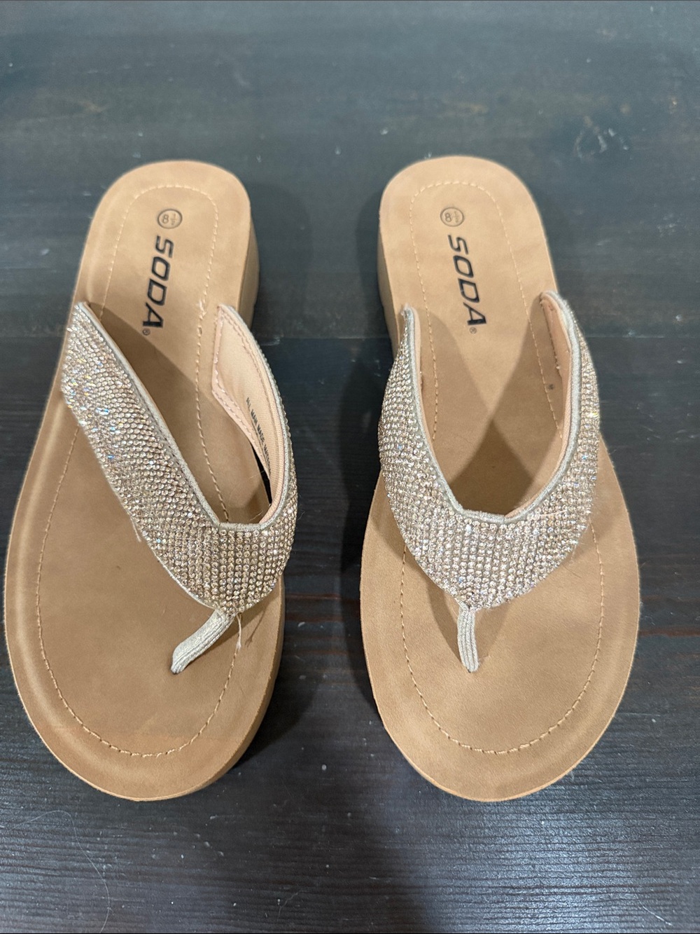 Soda Women's Tan Rhinestone Thong Flip Flops